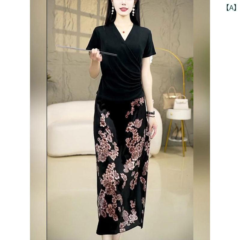 レディース ファッション オシャレ 綺麗 大歳 上品 レトロ プリント スリットスカート 夏 緩くて スタイリッシュ スリム ミドル丈 スカート