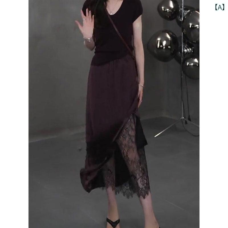 レディース ファッション　オシャレ　綺麗　大歳　上品 ライト 高級 ハイエンド レース パープル スカート 夏 ファッション エレガント ドレープスカート