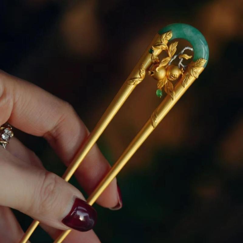 ヘアアクセサリー かんざし ざくろ花柄 国風 レトロ 合金 メッキ加工 ジオメトリック アップヘア 中華風 チャイナドレス 漢服 配飾 春 花モチーフ 復古スタイル ヘアピン 簪子風