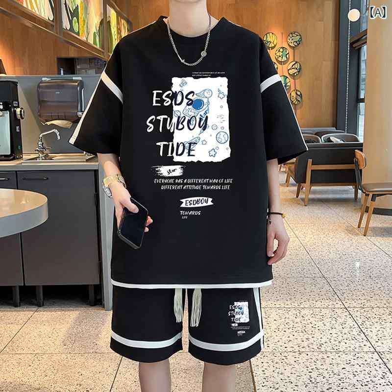 夏 男性用 ワッフル カジュアル スポーツ スーツ 2点 ショーツ 付き 薄氷 半袖 Tシャツ