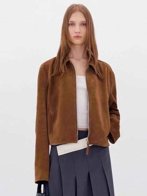 レディース ジャケット 春秋 ゆったり レトロ 革 ラペル ジッパー 長袖 ストレート 通勤用 キャメル 中厚 無地 細見え ヴィンテージ加工|shop I.D.H