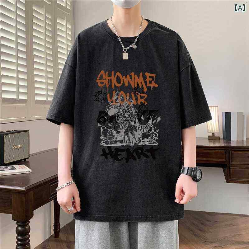 ヘビー コットン 半袖 Tシャツ メンズ 夏 レトロ ダメージ メンズトップス ティーンエイジャー アメリカン