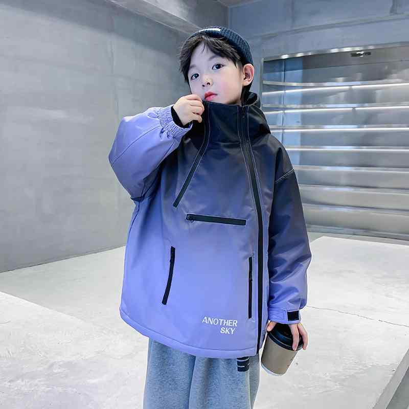 子供用 男の子 春秋 グラデーション ワーク アウトドア ジャケット フード付き 長袖 短丈 ポリエステル 柔軟 韓国風 トレンド 字母パターン ブルー オレンジ 機能的 クール スタイル 通学 普段使い