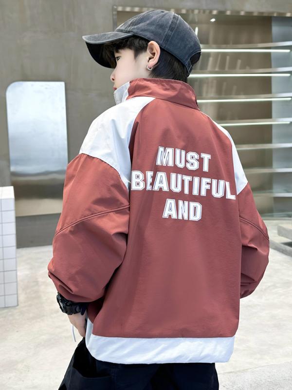 男の子 ジャケット 春秋 ポリエステル 長袖 短め ジッパー 韓国風 ブラック オレンジ 柔軟 スタイリッシュ 子供服 トレンド 上着 コート