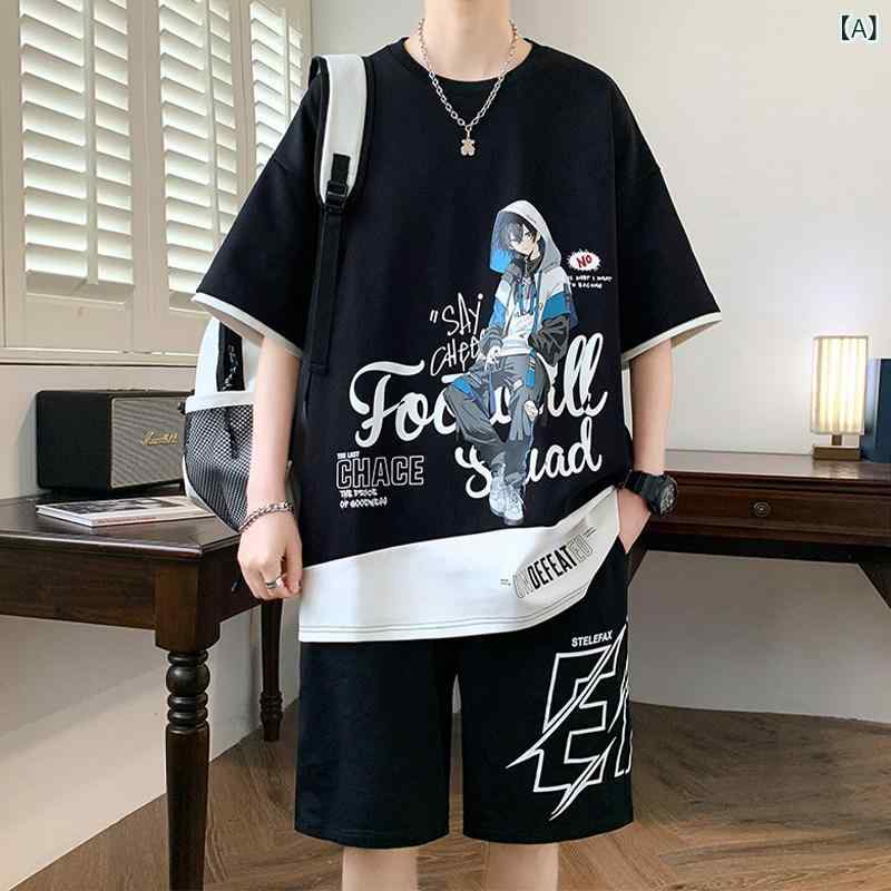 男性用 カジュアル スーツ 夏 半袖 Tシャツ ティーンエイジャー 着る 服 セット フル