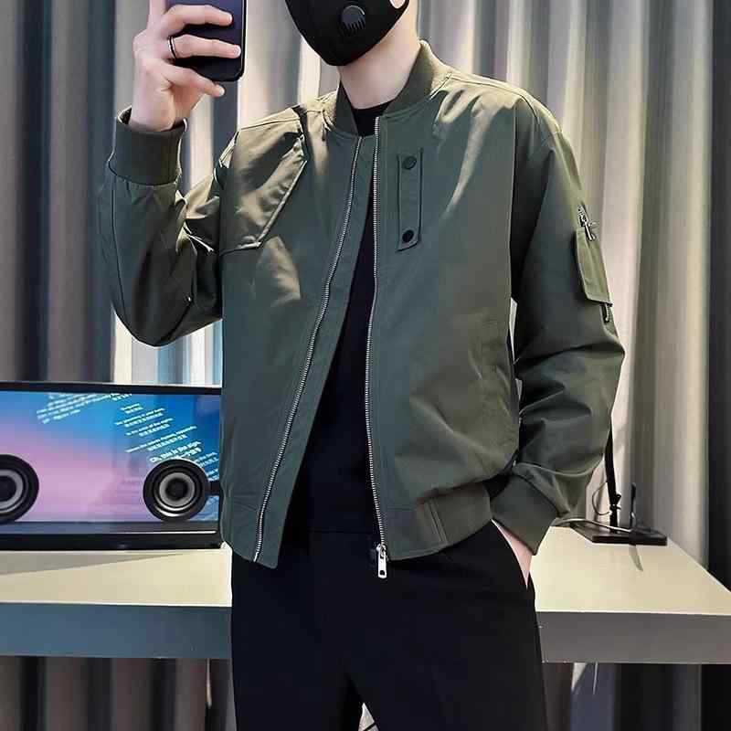 ジャケット メンズ ワーク スタイル アメリカン ルーズフィット 長袖 スタンドカラー ジップアップ 春秋 ポリエステル ソリッドカラー 日常使い アウター バッジ 詳細 黒 白 緑