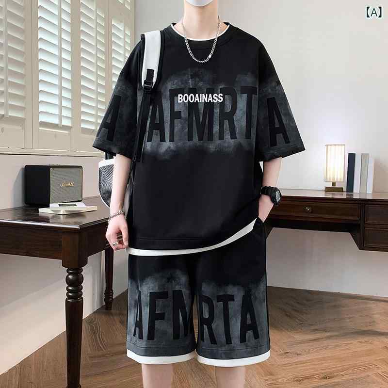 アメリカ ストリート 半袖 Tシャツ メンズショート パンツ カジュアル スーツ メンズ サマー ティーンエイジャー フェイク 2点 衣装 完全 セット