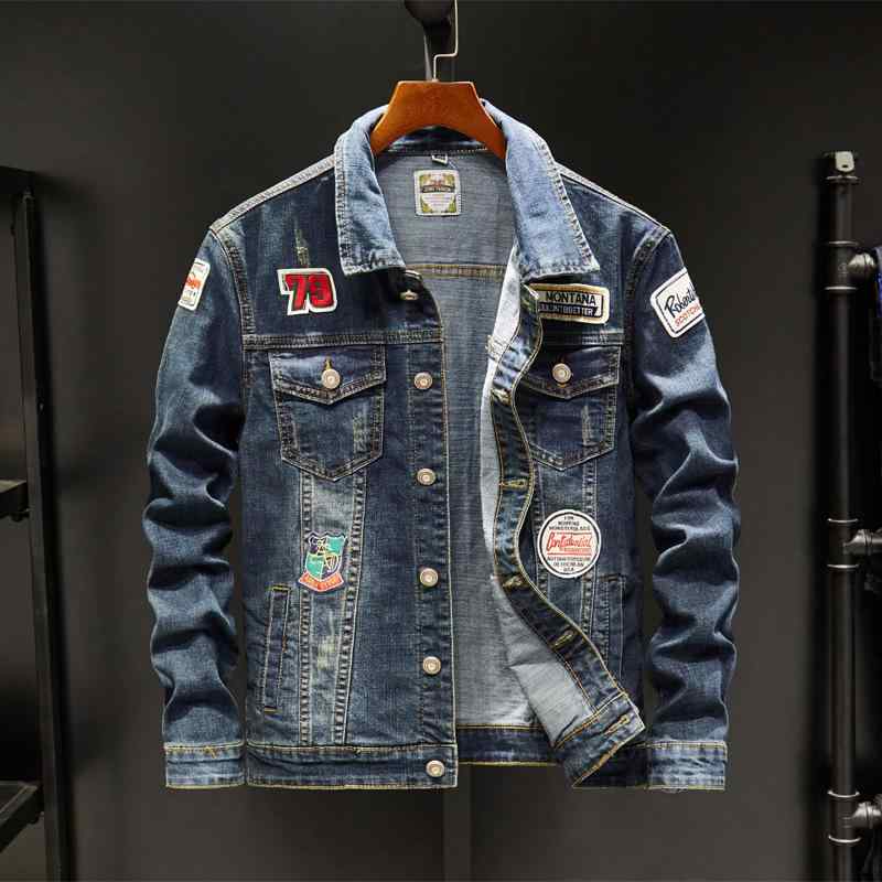 メンズ デニムジャケット カジュアル ルーズフィット スタンドカラー シングルブレスト ドット柄 ツートン 刺繍 ステッチポケット 長袖 ブルー 綿混 耐久性 日常使い 軽量