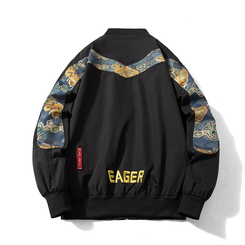 メンズ 厚手ボンバージャケット 飛行士風 防風 刺繍 デザイン ポリエステル 素材 黒 長袖 カジュアル ストリート スタイル スリムフィット 立領 ジッパー 側ポケット ニットヘム 直筒 アウター
