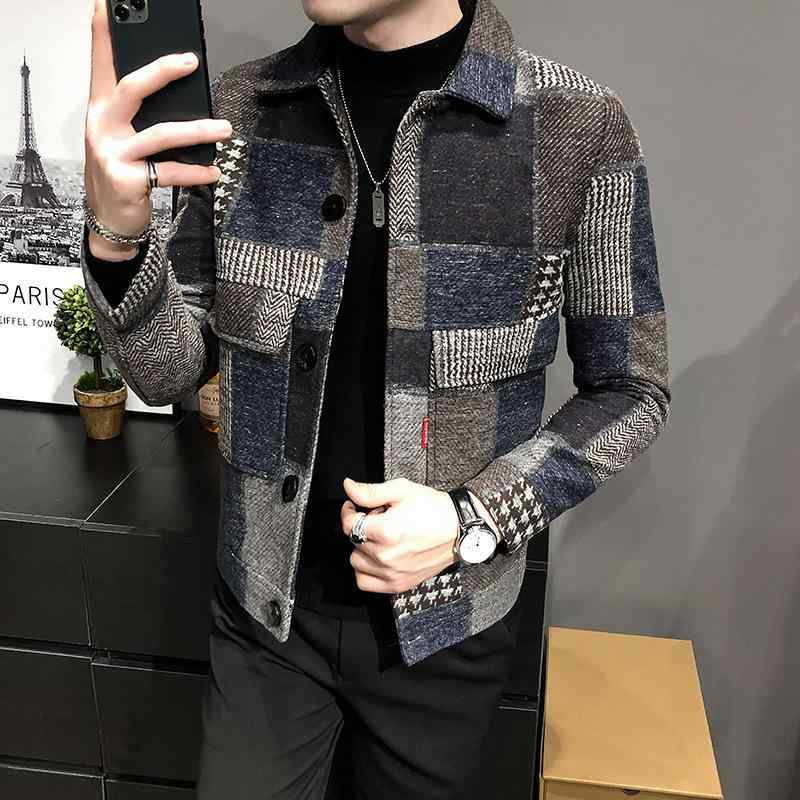 ジャケット メンズ 秋冬 チェック柄 ウール調 ポリエステル混 スリムフィット 長袖 シングルブレスト 韓国風 カジュアル 日常使い グレー グリーン ネイビー