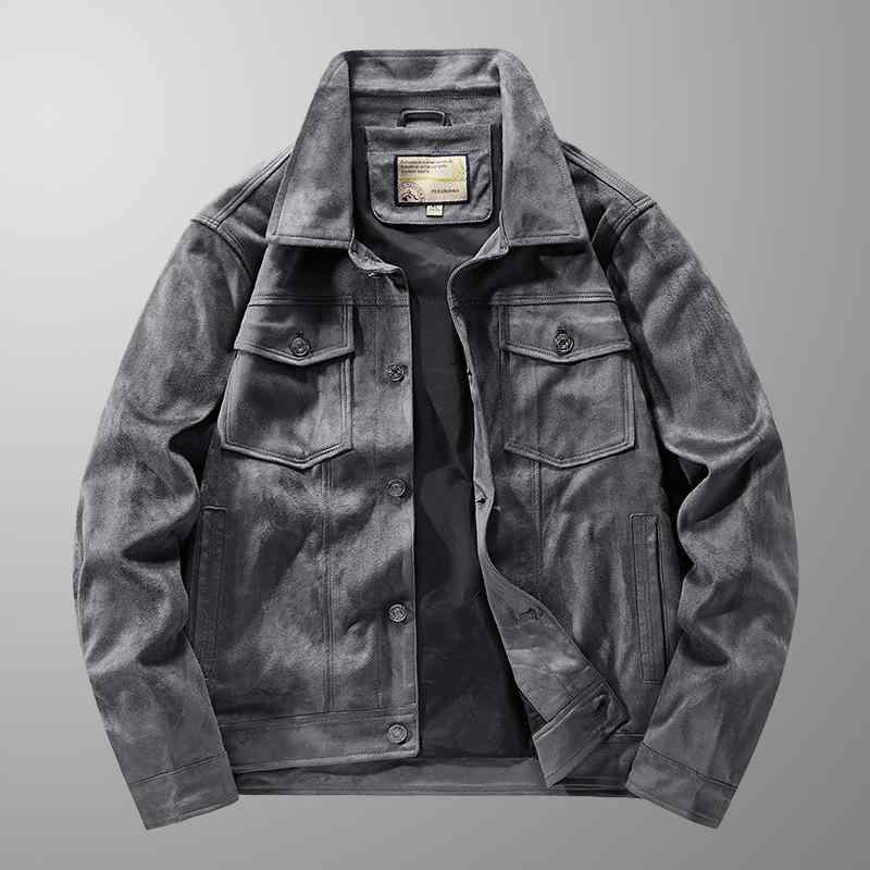 春秋 男性用 ルーズフィット スタンドカラー レトロ ワーク ジャケット スエード フランネル ポリエステル 多ポケット 長袖 アウター カジュアル 耐摩耗 イージーケア カーキ グレー ブラウン ブラック