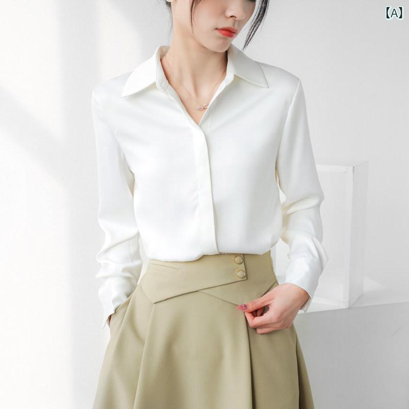 レディース ファッション レディース カジュアル 上品 綺麗 外出 MY ホワイトサテン 長袖 シャツ 春 小柄 レトロ ドレープ インタビュー トップ