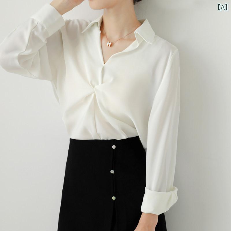レディース ファッション　レディース　カジュアル　上品　綺麗　外出 MY サテン ホワイト ツイスト シャツ Vネック スモール レトロ ドレープ トップ