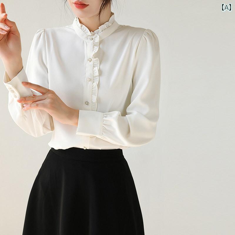 レディース ファッション　レディース　カジュアル　上品　綺麗　外出 ホワイト キノコ エッジ スタンドカラーフレンチ 長袖 シャツ 夏用 シフォン パフスリーブ