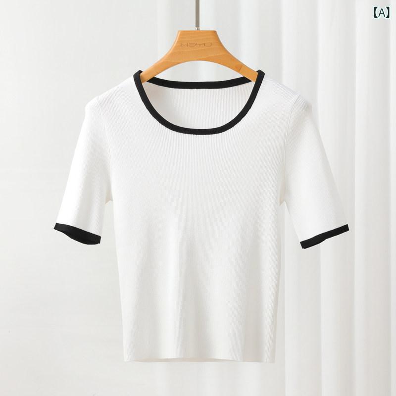 レディース ファッション　レディース　カジュアル　上品　綺麗　外出 小柄 U ネック 冷感 半袖 セーター 春夏 スリムフィット イン ナース レッド プルオーバー ボトムトップ ブラック