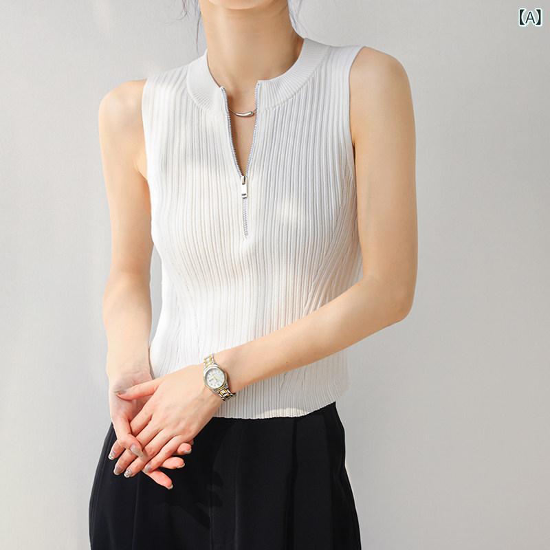 レディース ファッション　レディース　カジュアル　上品　綺麗　外出 ラウンドネック ピット ジッパー キャミソール 夏 ストリップ ノースリーブ スリム フィット インナー カバー 胸 トップ ブラック