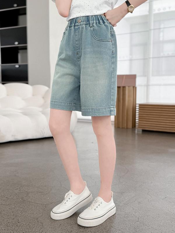 パンツ ガールズ ジュニア 女の子 デニム ハーフパンツ 五分丈 夏 薄手 ゆったり ブルー 韓国風 無地 ソフトな肌触り 小中学生 中学生 普段使い 通学 カジュアル ルーズ ミドルウエスト