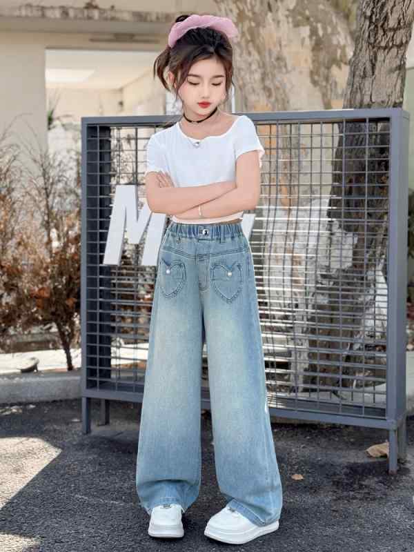 パンツ 女の子 ガールズ キッズ ジュニア 中学生 春夏 薄手 接触冷感 涼しい デニム ポリエステル ストリート 韓国風 ストレート ワイド ロング丈 ゴムウエスト ライトブルー