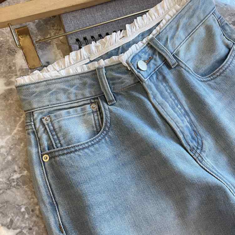 デニムパンツ レディース 春夏 フェミニン フリルウエスト ハイウエスト スリム ストレート 着痩せ 脚長効果 コットン ストレッチ ジーンズ カジュアル ブルー ボトムス