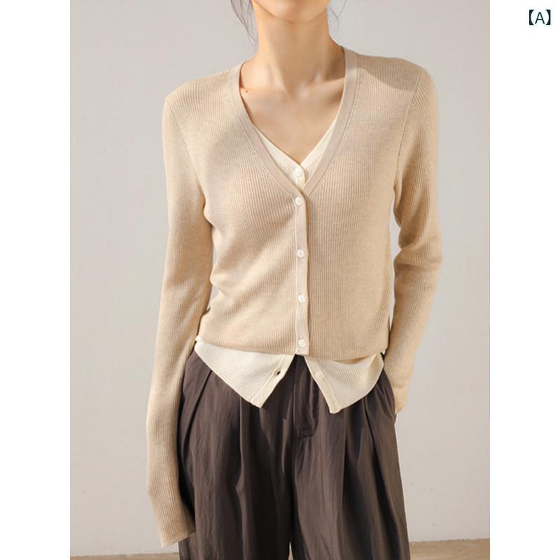 レディース ファッション　レディース　カジュアル　上品　綺麗　外出 フェイク 2点 色 Vネック 冬 ウール 長袖 ニットカーディガン セーター 内側 外側 一致 ブラウンカラー