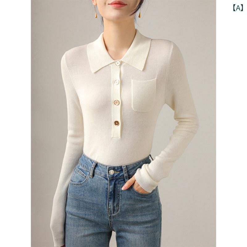 レディース ファッション　レディース　カジュアル　上品　綺麗　外出 POLO 襟 ゴールド バックル シングル ポケット スリム ウール セーター 秋冬 プルオーバー アウター