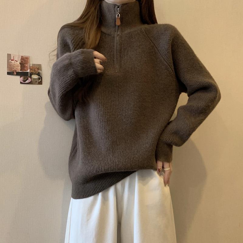 カーディガン 女性用 秋冬 厚手 ハイネック 半ジッパー ニットセーター ルーズフィット 長袖 無地 ポリエステル インナー レイヤード トップス ゆったり スリム効果 ラフスタイル ブラウン オフホワイト ブラック(x2)