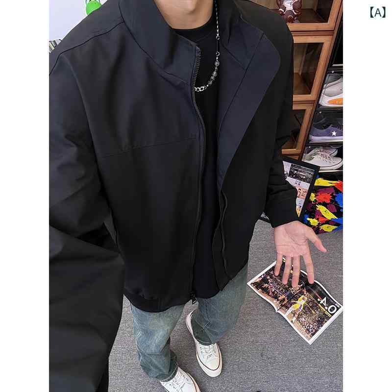ジャケット 男性用 秋冬 フード付き ゆったり 立襟 長袖 ポリエステル混紡 日常使い スポーツ アウトドア ポケット付き アイボリー ブラック グリーン