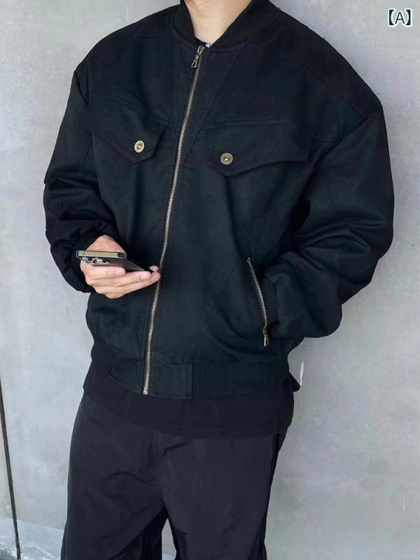 ジャケット 男性用 春秋 ルーズフィット レトロ ハリントン スタイル ポリエステル 長袖 ジップアップ 日常使い 黒 ブラウン ノンアイロン サイドポケット 直裾 ラペルカラー