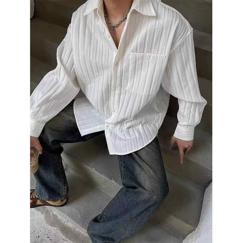 シャツ 男性用 ゆったり長袖 ストライプ柄 レトロ 日常使い ポリエステル アイロン不要 白 黒 春秋