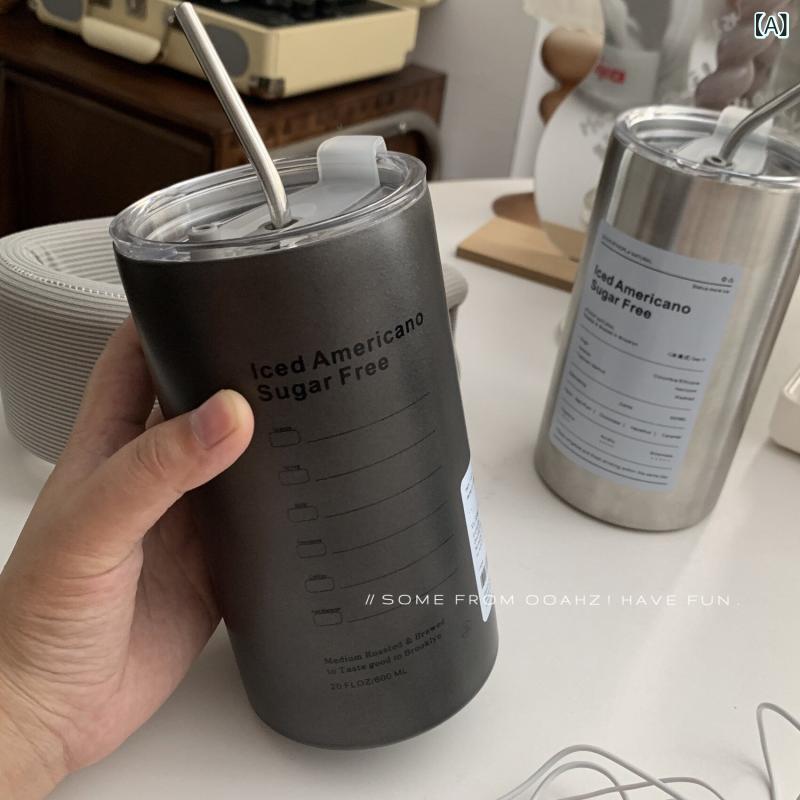 韓国　韓国雑貨　インテリア　小物 アイス アメリカン コーヒー カップ 304 ステンレス 真空 二重層 ストレート ストロー 付き 家庭用 ポータブル 魔法 瓶