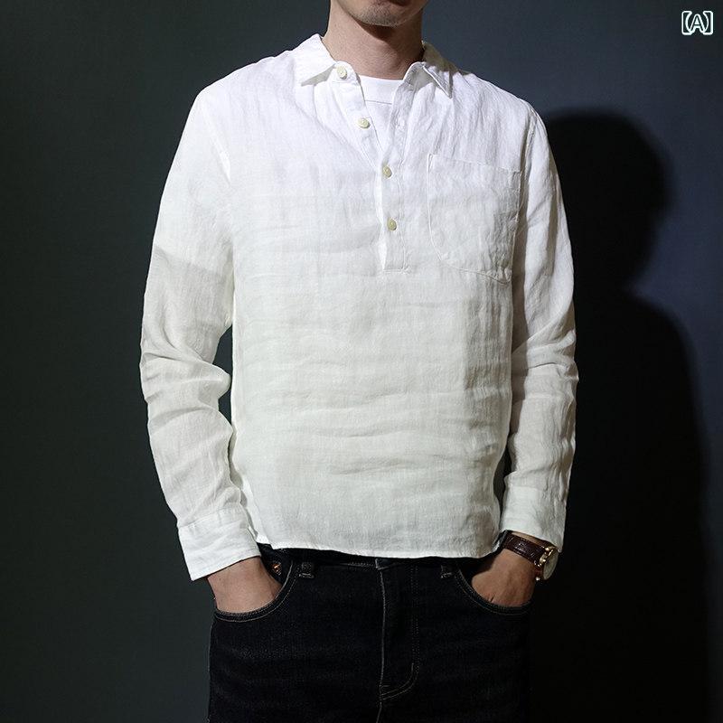 春 薄手 リネン プルオーバー 長袖 シャツ メンズカジュアル ポケット チクチク しい レトロ