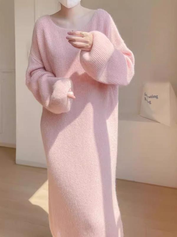 ニットワンピース レディース 春 ロング丈 ルーズ 気質 通勤 セーター プルオーバー 丸首 長袖 切り替え 厚手 柔らかい アクリル混 ポリエステル 白 ベージュ 黒 ピンク(x2)