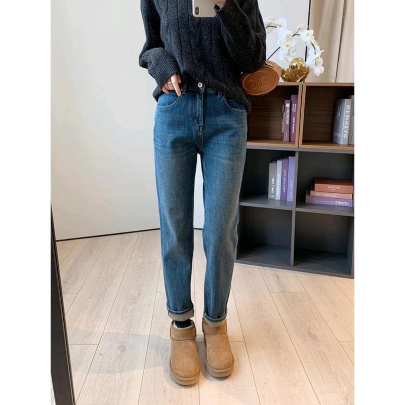 デニムパンツ 高腰 スリムストレート 暖か 厚手 秋冬 通勤用 カジュアル 綿混 高伸縮 ポケット付き デニムブルー ベージュ ブラック 快適 合わせやすい