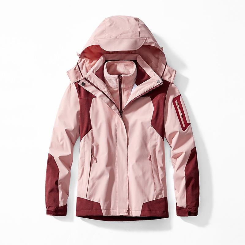 防水登山ジャケット 男女 2点セット 3-in-1 着脱フリース 防風 アウトドアウェア スキー ハイキング キャンプ用 ポリエステル フード付き ルーズフィット コントラストカラー 暖か 通気性 秋冬