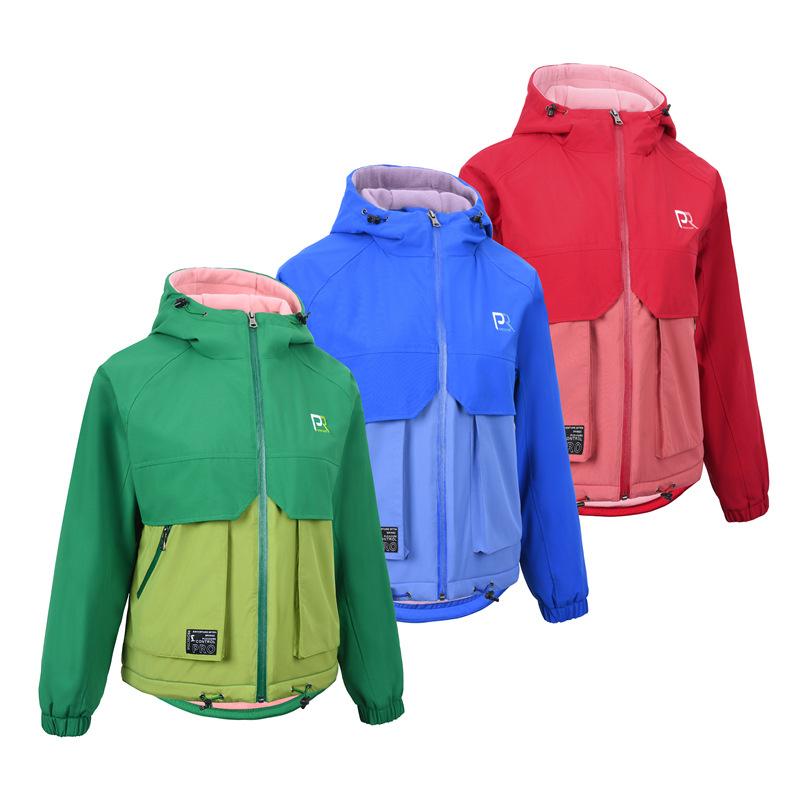 レディース アウトドア ジャケット 秋冬 フード付き ツートンカラー 防風 防水 保温 登山 スキー キャンプ 徒歩 ポリエステル 合成繊維 軽量 動きやすい ブルー系(x2)｜shop I.D.H