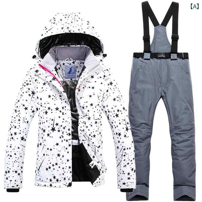 スキー服 レディース 上下セット 冬用 アウトドア 防水 防風 保温 通気 速乾 耐摩耗 防紫外線 白 星柄 ナイロン 裏地 太空棉 充填 雪国 登山対応 軽量 機能性(x2)