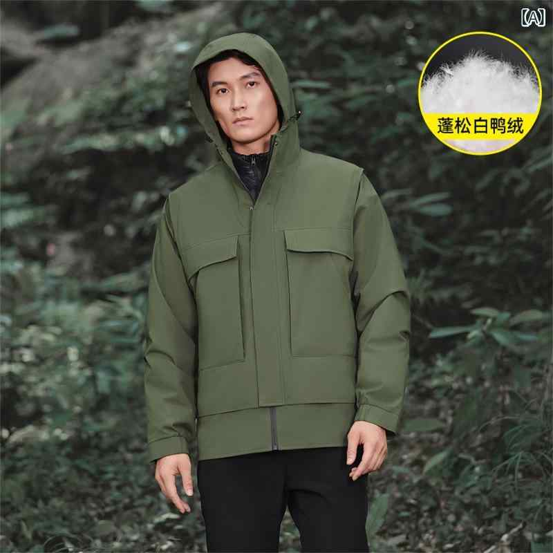 フリースタイルジャケット ユニセックス 冬用 アウトドア 登山服 防風 防水 保暖 通気性 耐摩耗 ポリエステル ダウン 内側着脱可能 フード付き ハイキング キャンプ トレッキング レギュラーフィット 無地