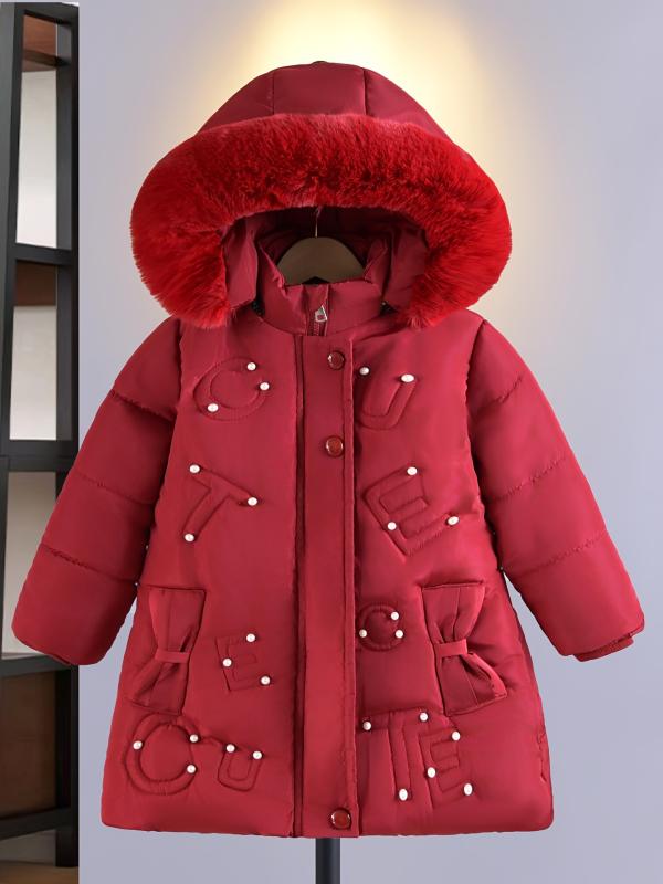 女の子用 冬 コート かわいい ビーズ アルファベット デザイン 加厚 保暖 アウター ポリエステル 素材 取り外し フード ラウンドネック ジッパー 無地 ワインレッド ブラック 日常使い