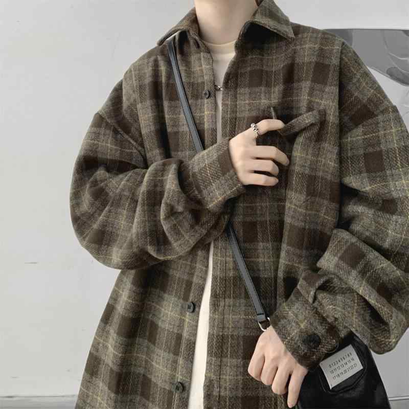 長袖シャツ 男性用 格子柄 日系 レトロ ゆったり カジュアル トップス ポリエステル 混紡 切り替え スタンドカラー ビッグサイズ ブラウン グレー 春秋 ノーアイロン