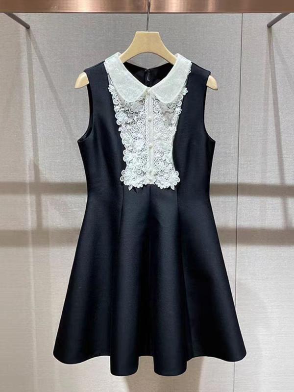 ワンピース レディース フレンチ レトロ 無袖 ブラック ピンク 刺繍 レース ハイウエスト スリム 高級感 ガーリー ミドル丈 Aライン ポリエステル 3D効果 しわ加工 ジッパー 春