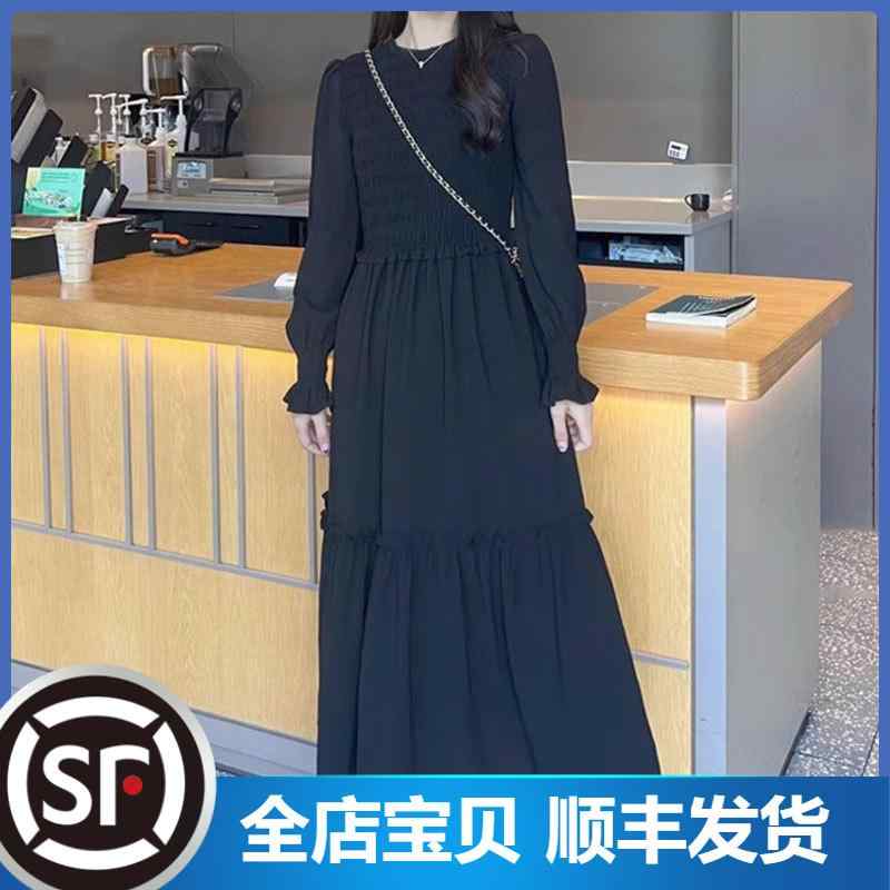 ワンピース レディース 秋 ブラック Aライン ロング丈 ハイウエスト 丸首 プリーツ フレア袖 長袖 上品 通勤用 スリムフィット 細見え 光沢 アセテート繊維 ポリエステル 無地 プルオーバー ミドル丈 知的 女性用 ドレス トップス スカート 組み合わせ