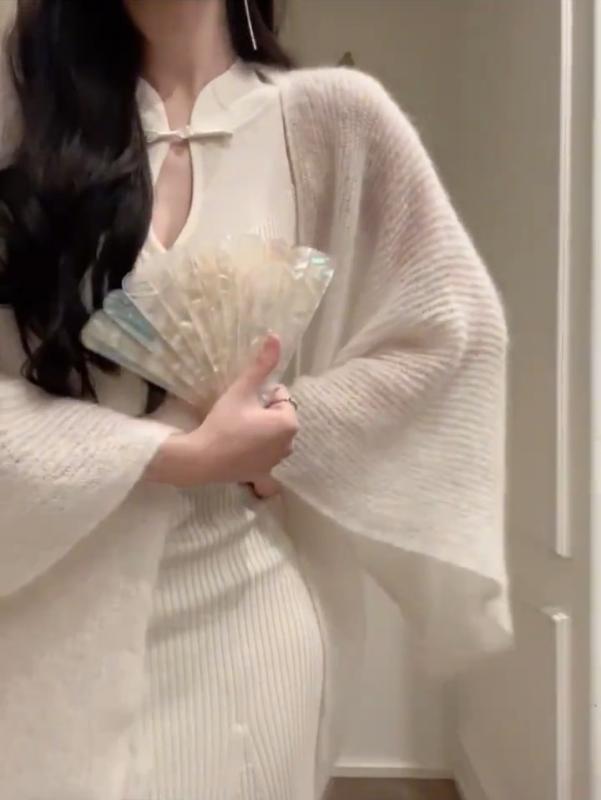 春 レディース チャイナドレス セット アイボリー 無地 ノースリーブ ロングスカート ショール 高級感 ニット ウール ポリエステル スパンデックス 混紡 中国風 レトロ カジュアル 伸縮性