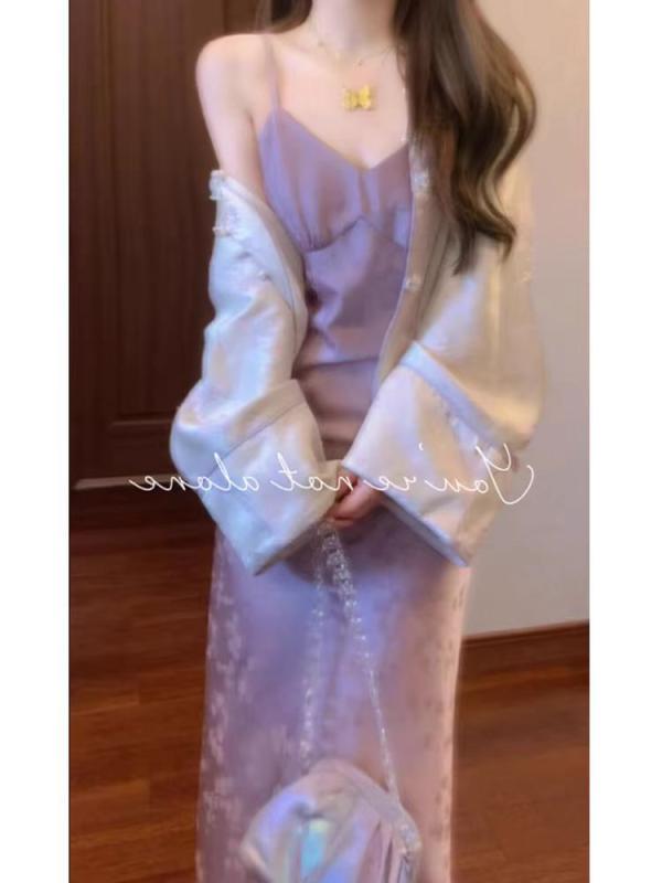 レディース 秋 中国風 チャイナドレス 吊帯スカート セット 紫 植物花柄 プリント ボタン 長袖 中長丈 ポリエステル レトロ カジュアル エレガント 禅風｜shop I.D.H