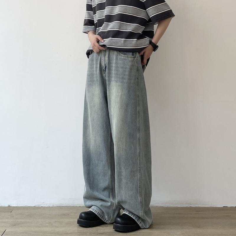 メンズ　ファッション　オシャレ　かっこいい 夏 薄手 ライト ブルー ジーンズ メンズレディース レトロ ルーズ ストレート ワイド レッグ デニムパンツ