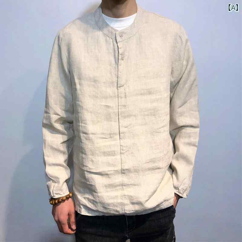 中国 照明ランプ色つやリネン ティーシャツ 薄っぺら 長袖 プルオーバー 上着 背広 メンズ 漢服 中華風 春