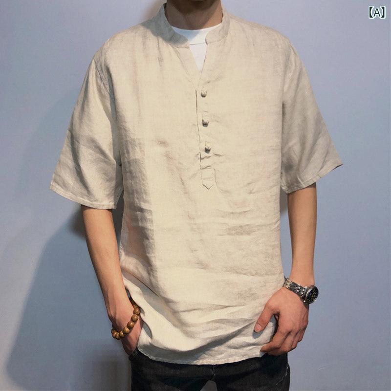 V素っ首 一皿 名取り草 付き添い人 五分袖 プルオーバーティーシャツ 薄っぺら リネン 唐 背広 春夏非 揺りうごかす性 中華風 お茶 成人男性用