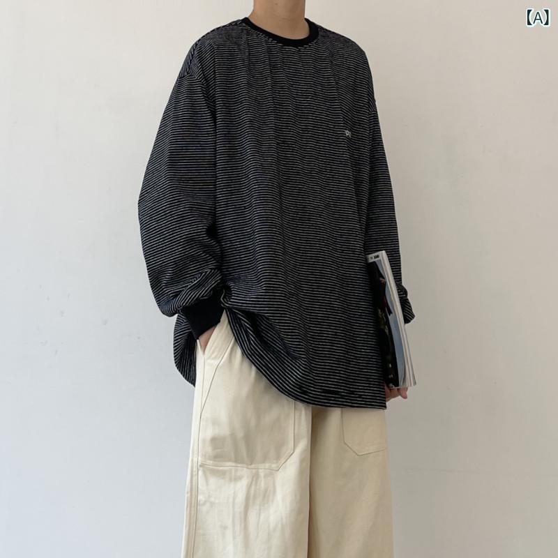 メンズ　ファッション　オシャレ　かっこいい 春秋新 和風 コントラスト ラウンドネック ストライプ 長袖 Tシャツ メンズカジュアル レトロ スウェットシャツ