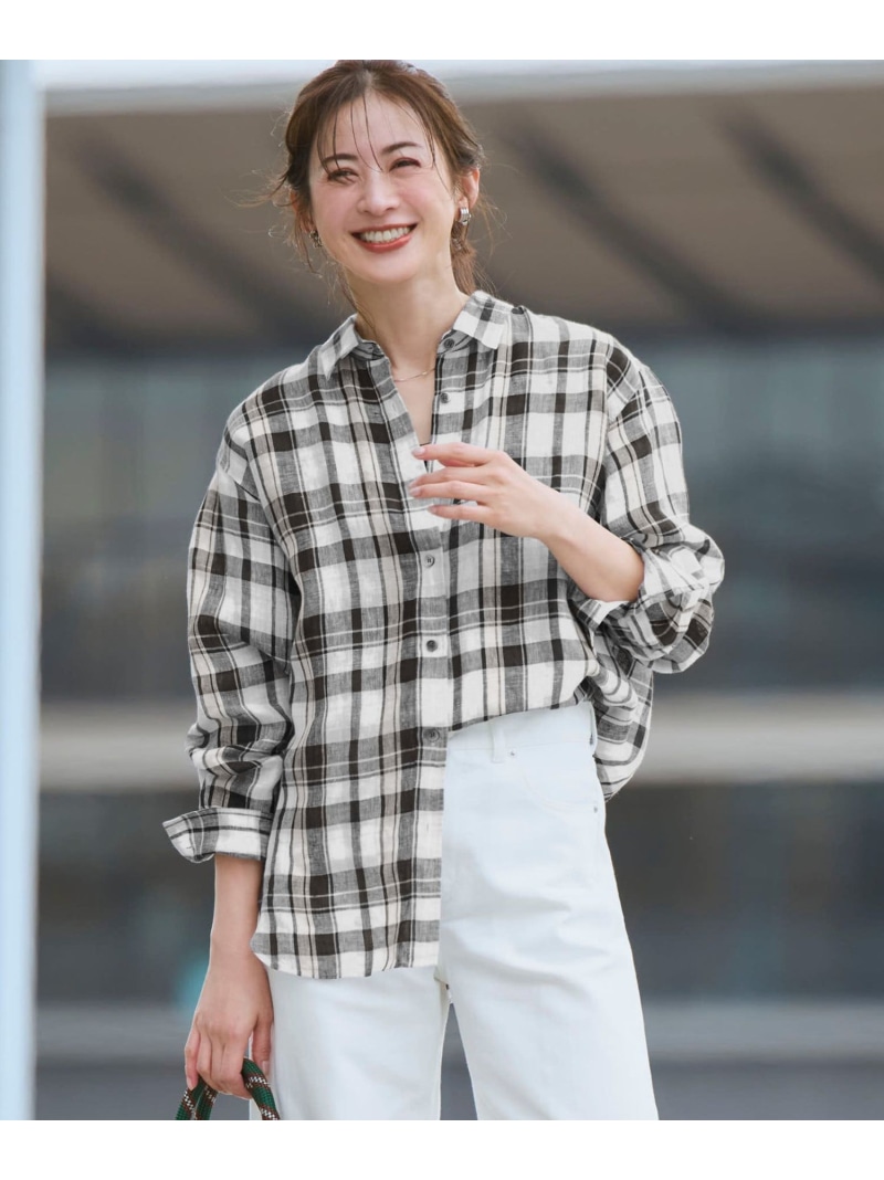【SALE／20%OFF】【見上愛さん着用】LIBECOリネン チェック シャツ 23区 ニジュウサンク トップス シャツ・ブラウス オレンジ【RBA_E】【送料無料】[ Fashion]｜23区 店