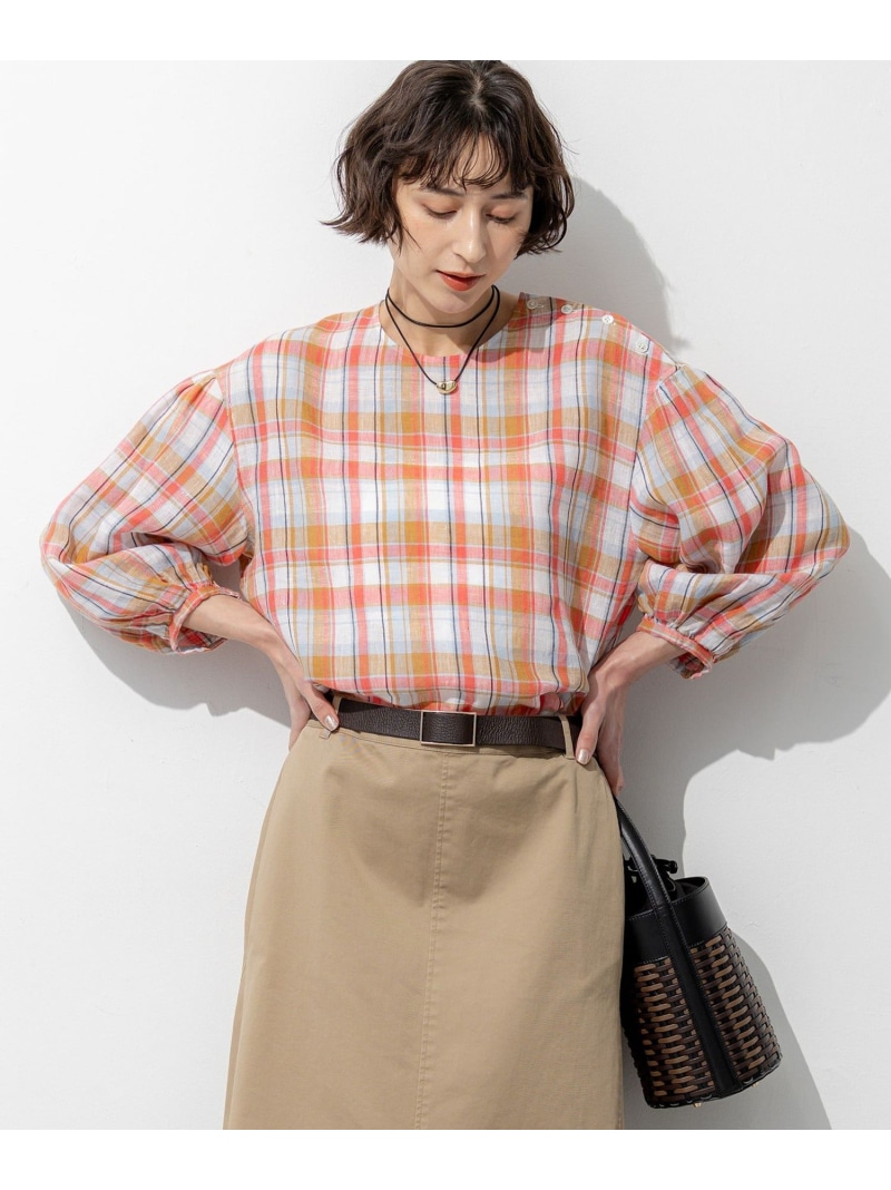 【SALE／30%OFF】LIBECOリネン チェック ボリュームスリーブ ブラウス 23区 ニジュウサンク トップス シャツ・ブラウス オレンジ【RBA_E】【送料無料】[ Fashion]｜23区 店