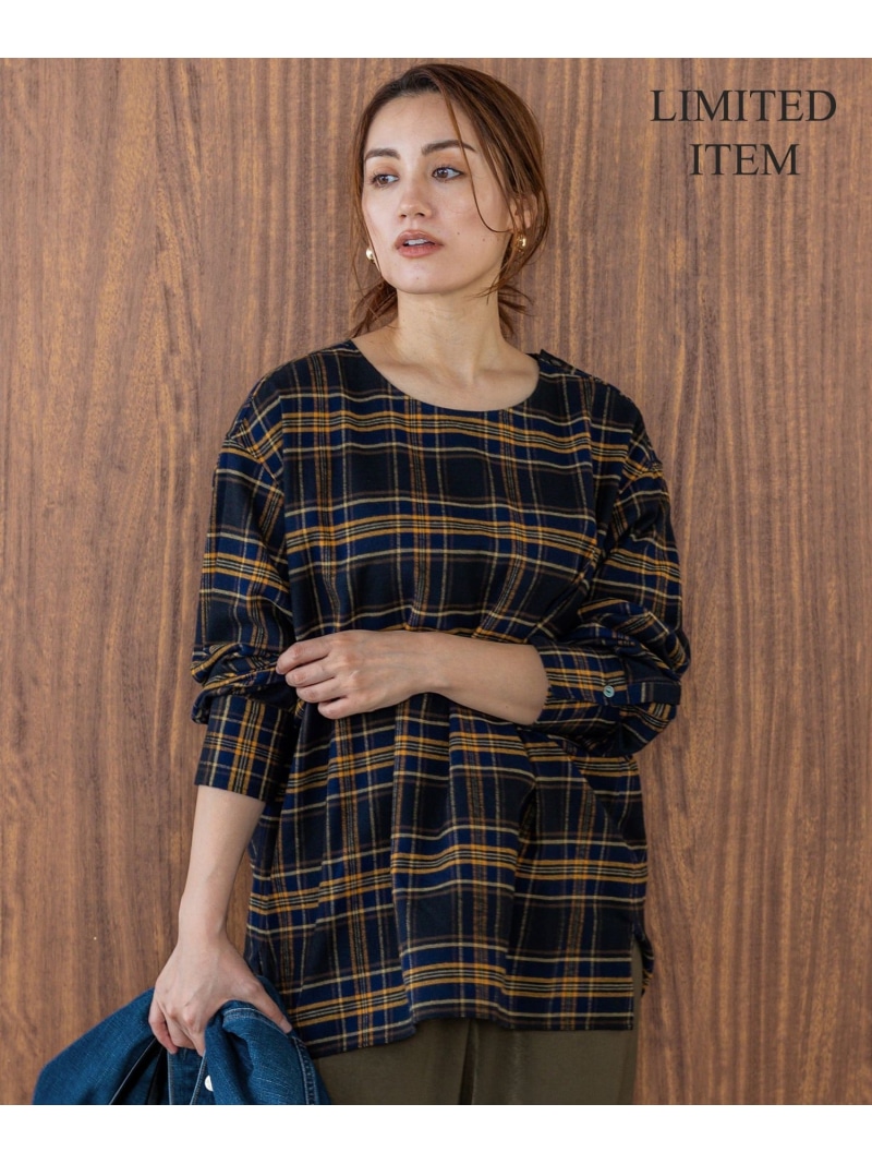 【SALE／50%OFF】【Lサイズ限定】ブラッシュド ビエラチェック ノーカラーブラウス 23区 L ニジュウサンク トップス シャツ・ブラウス ネイビー レッド【RBA_E】【送料無料】[ Fashion]